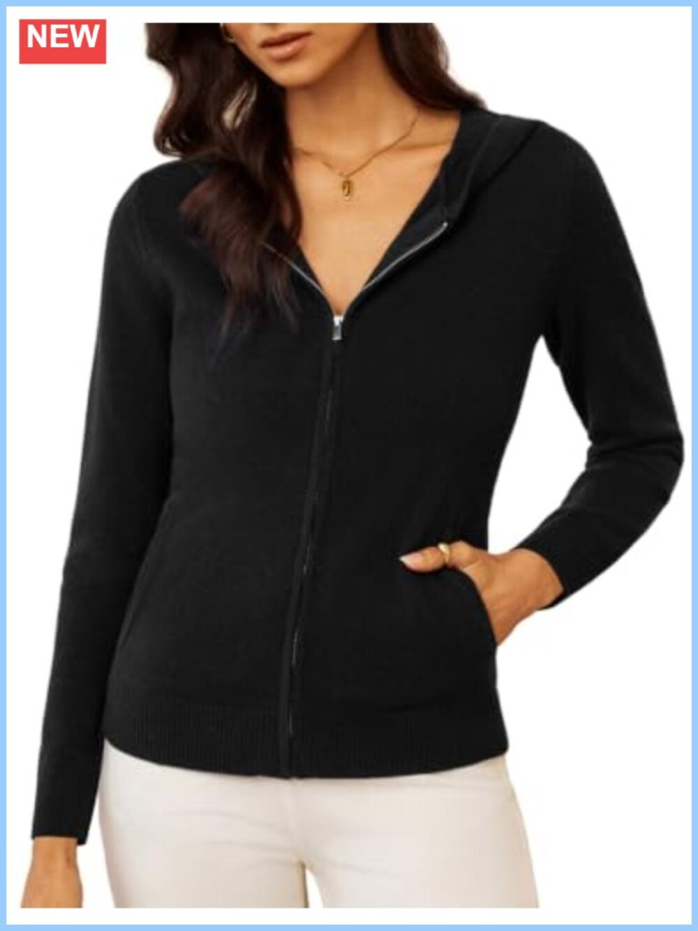 100% Merino Wool Cardigan Zip Up Hooded Sweater Long Sleeve Slant Pockets